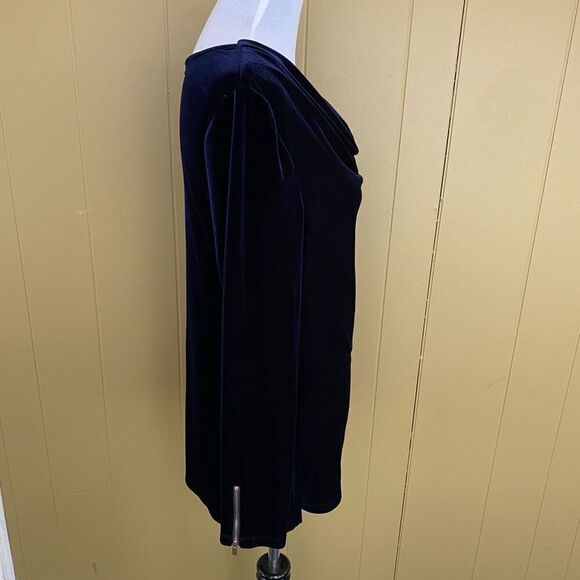 Cache women L drape front Longsleeve navy blue velour blouse - Picture 4 of 9